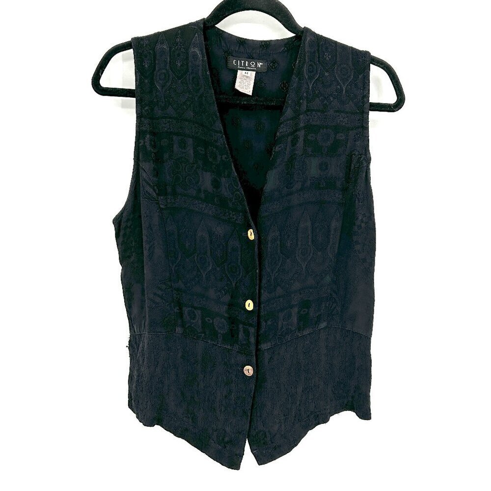 CITRON Women's Black Jacquard Button Up Lightweight Vest Blouse Top Size Medium - Picture 1 of 7